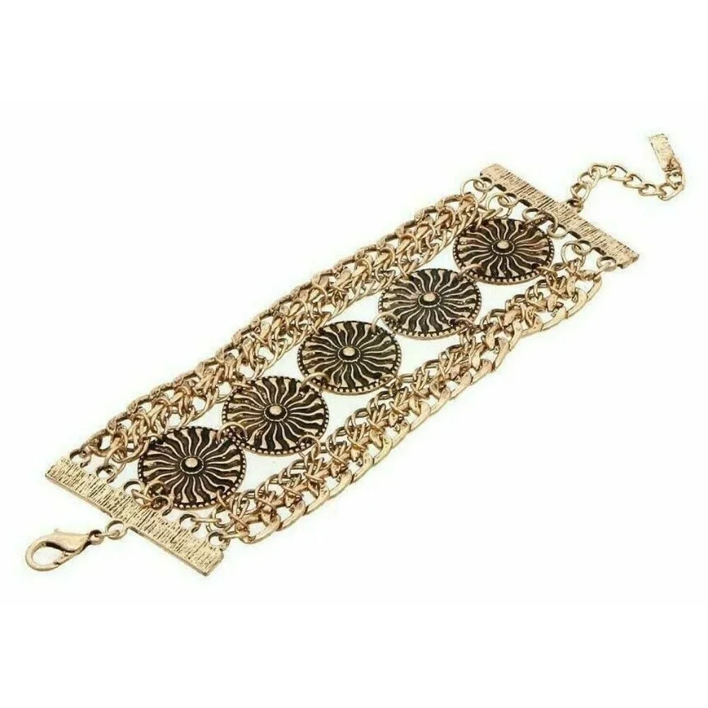 Gold WIDE Floral MULTI Chain BOHO Gypsy Hippie Bali Chunky Funky Bracelet
